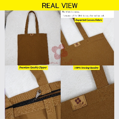 Picture of Samia Crafts 13/14inc Fashionable Simple Plain Solid Brown Chocolate Color Top Handle Canvas Tote Bag With Zipper Best Fabric and Shopping Bag For Everyday Daily Use