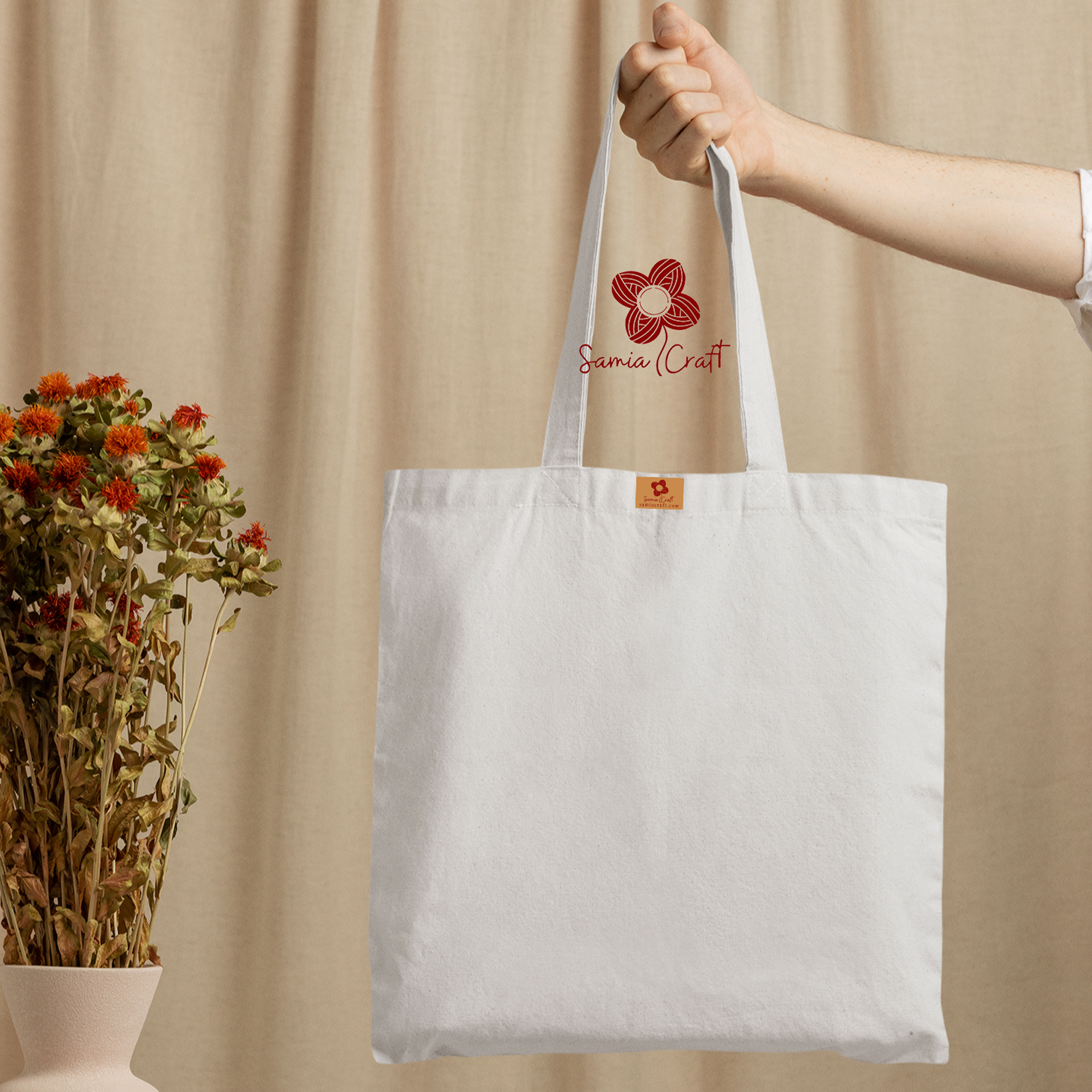 Picture of SamiaCrafts 13/14 Fashionable Simple Plain Solid Off White Color Top Handle Canvas Tote Bag With Zipper - Hand and Shoulder Bag For Everyday Daily Use