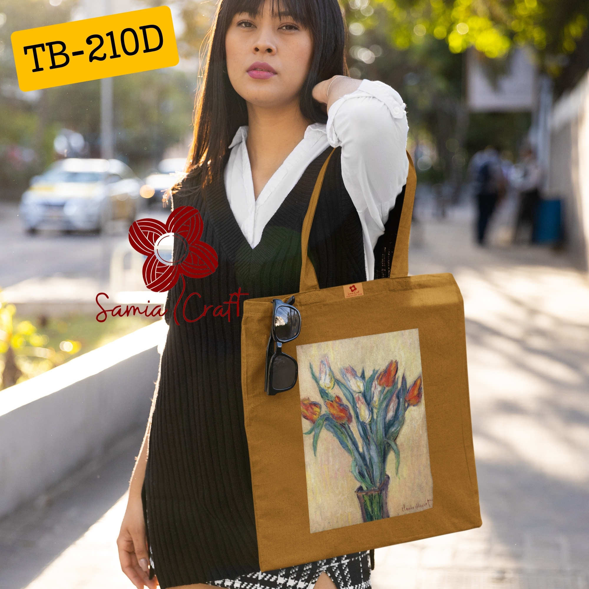 Picture of Samia Craft Glamour on the Go: Vogue Vibrant Beautiful Simple Flower Design Cotton Canvas Tote Bag with Zipper For Everyday Daily Use