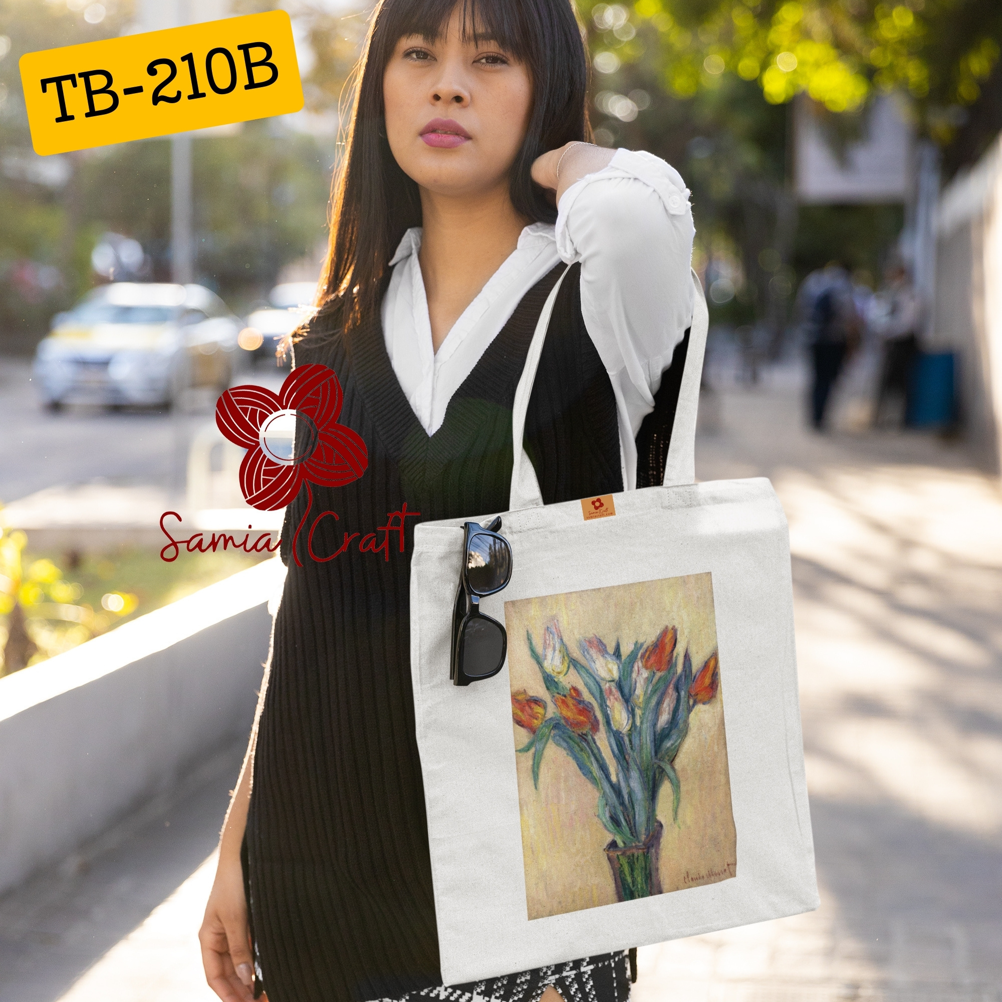 Picture of Samia Craft Glamour on the Go: Vogue Vibrant Beautiful Simple Flower Design Cotton Canvas Tote Bag with Zipper For Everyday Daily Use