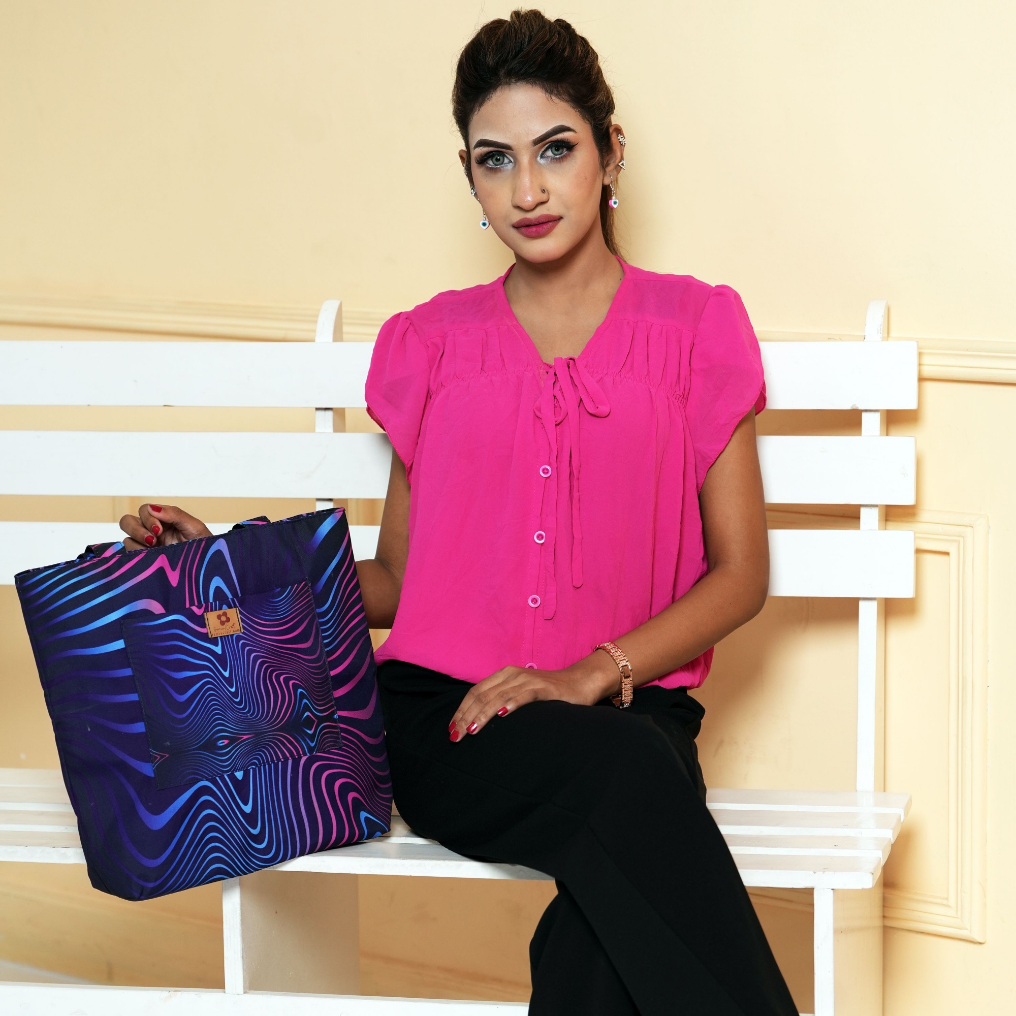 Picture of SamiaCraft Tech Abstract Wave Lines Printed Stylish Professional Top Handle Shoulder Bags for Women and Girls