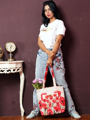 Picture of Red Poppy Flower Top Handle Bags for Women and Girls