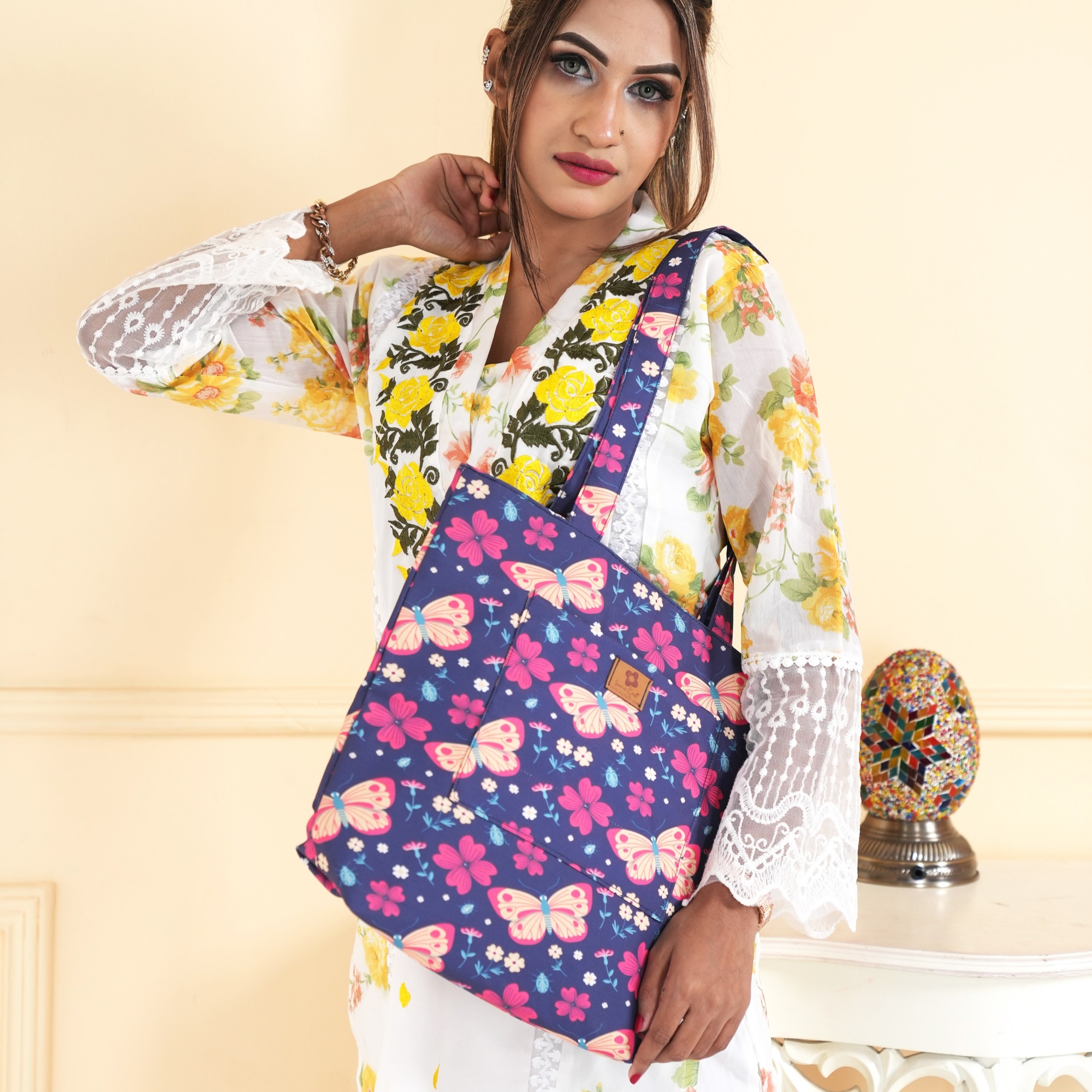 Picture of Insects Flowers Printed Top Handle Bags for Women and Girls