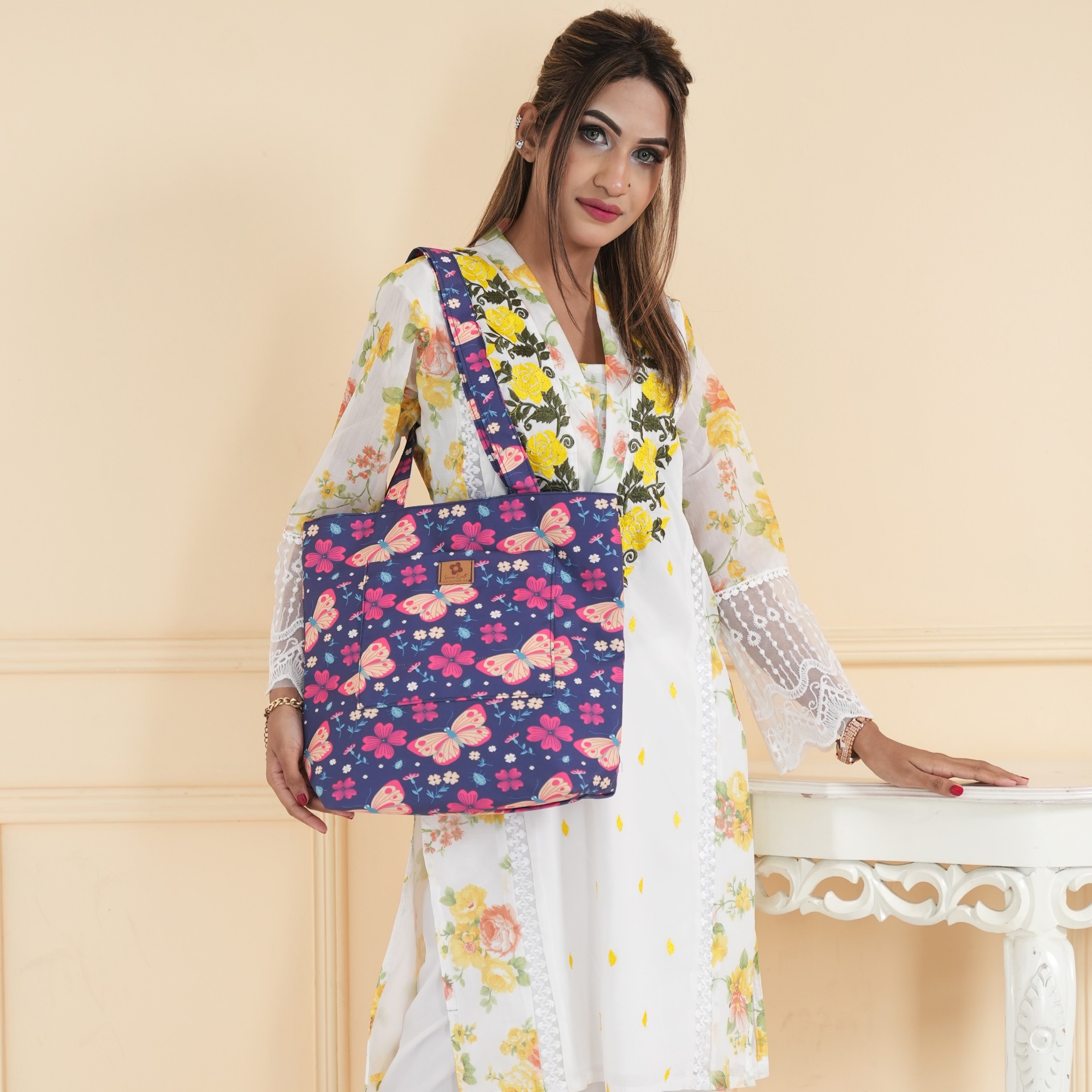 Picture of Insects Flowers Printed Top Handle Bags for Women and Girls