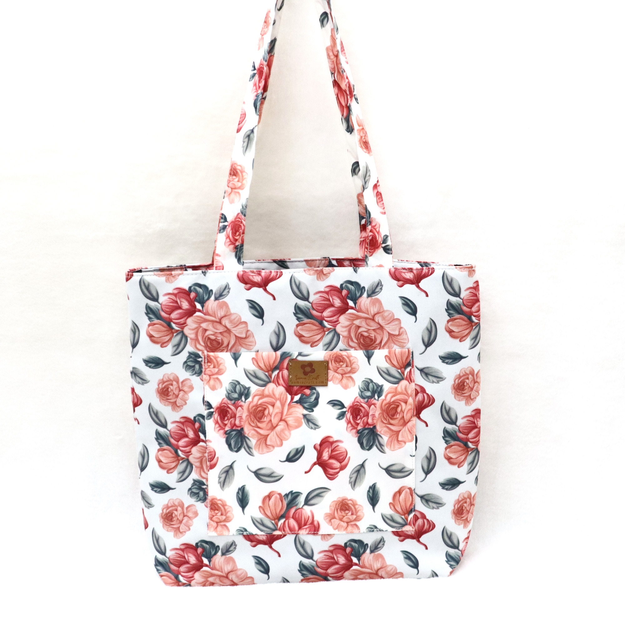 Picture of Detailed Floral Peach Tone Modern Top Handle Bags with Gadget Pockets