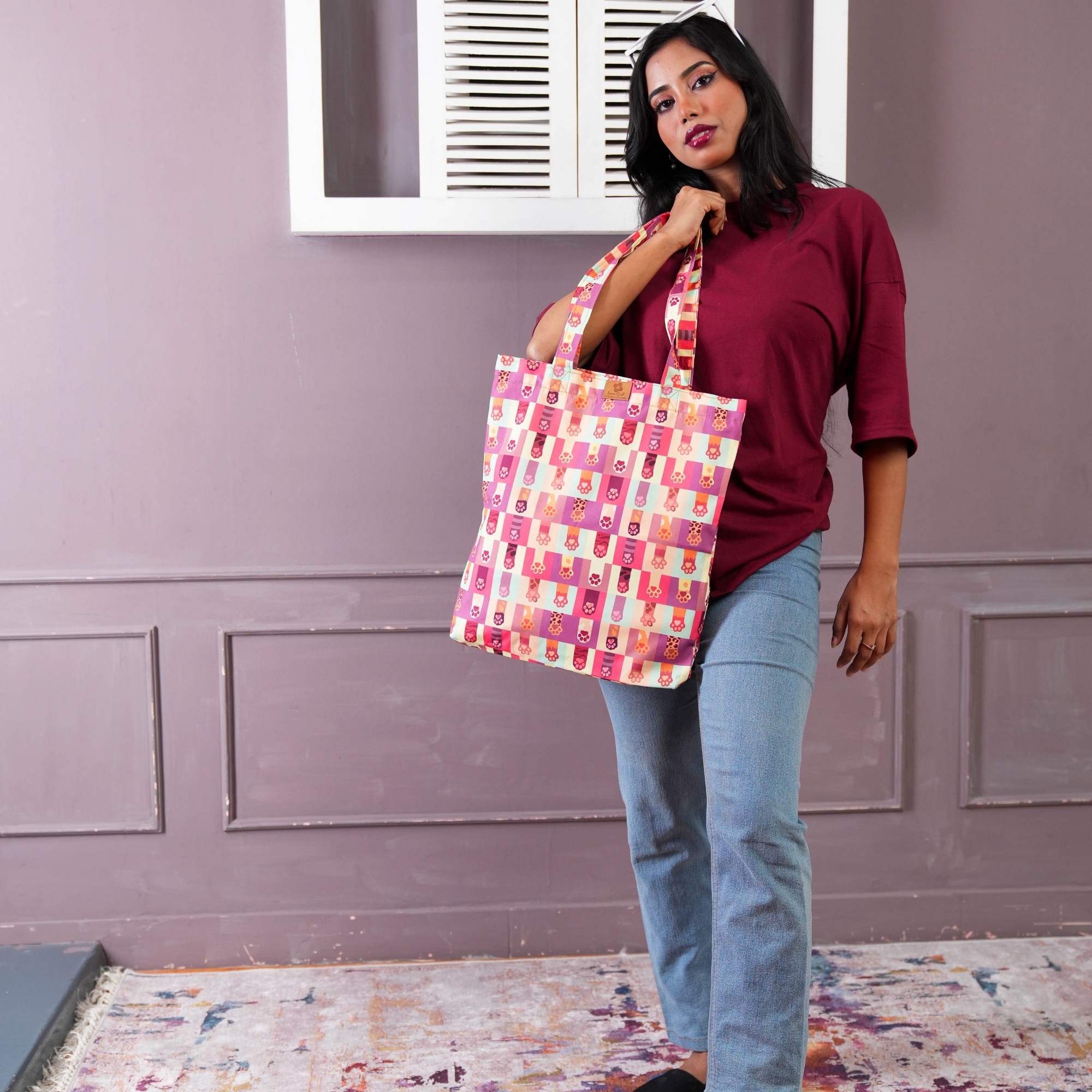 Picture of SamiaCrafts Stylish Long-Handled Tote Bag with Zipper: Cats Paws Set Printed Tote Bag