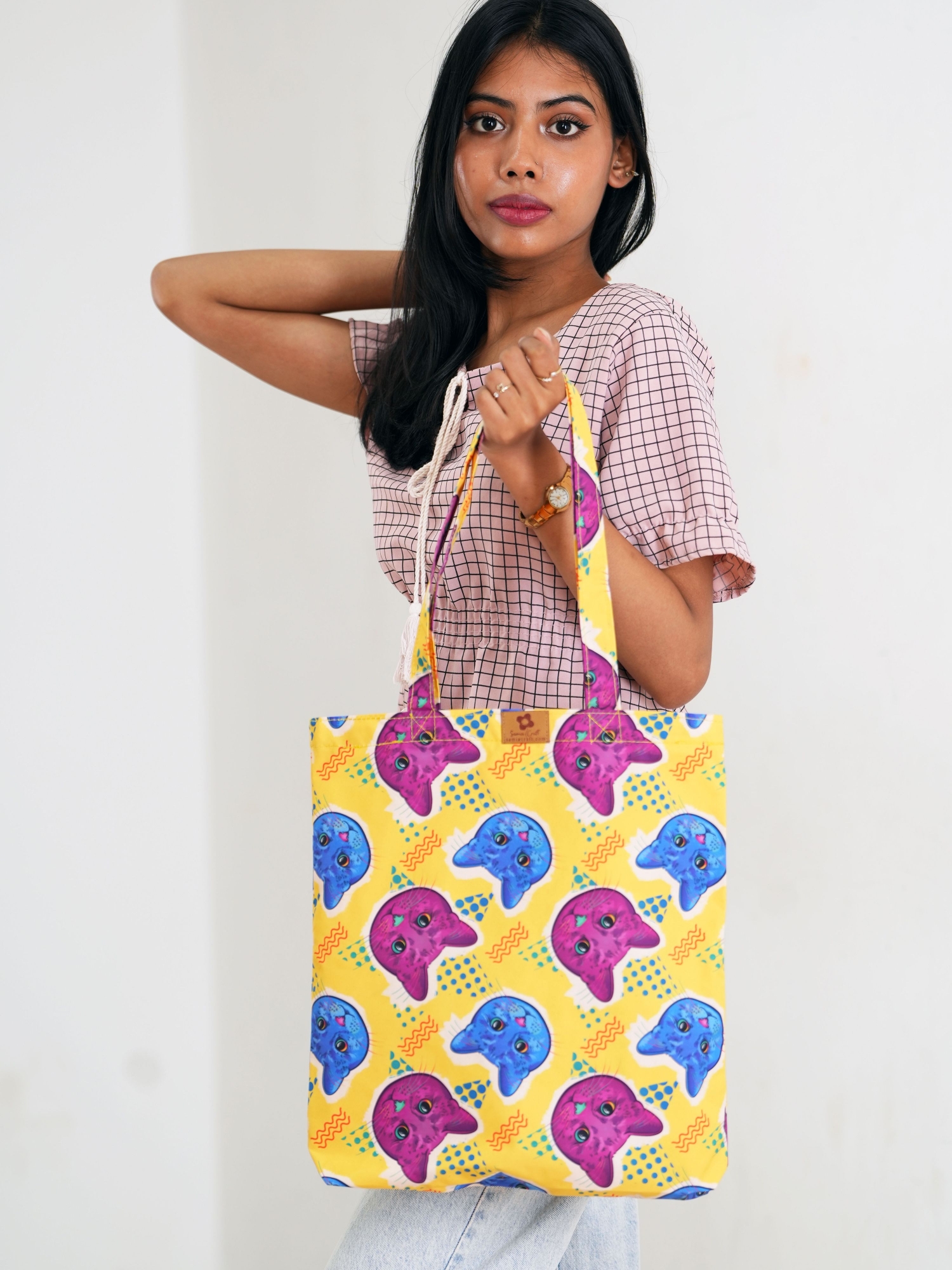 Picture of SamiaCrafts Trendy All-Over Print Tote Bag: Cat Gradient Zine Culture Printed Tote Bag