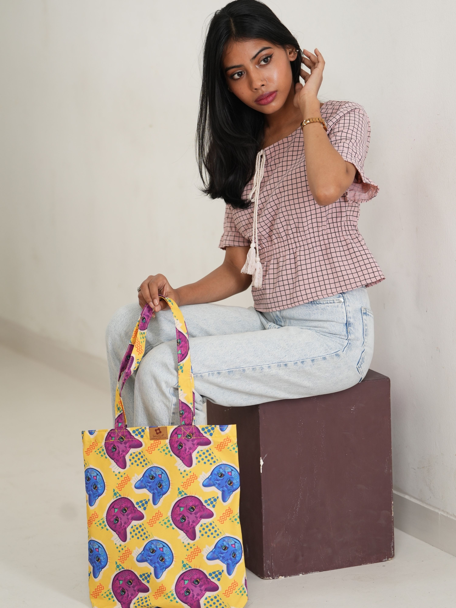 Picture of SamiaCrafts Trendy All-Over Print Tote Bag: Cat Gradient Zine Culture Printed Tote Bag