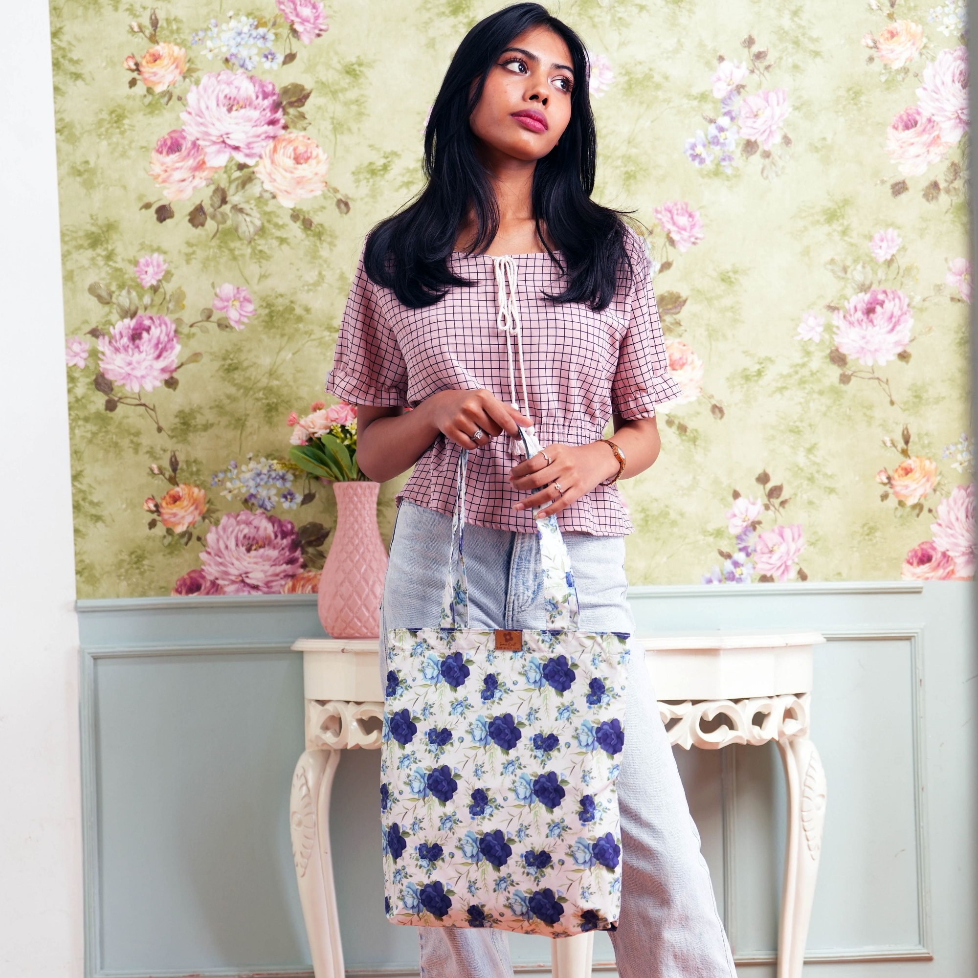 Picture of SamiaCrafts Premium Quality Women's Fabric Hand Bag With Zipper - Beautiful Blue Floral Seamless All Over Printed