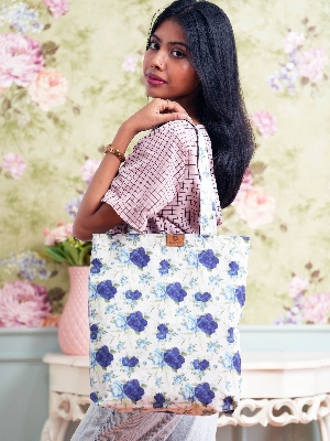 Picture of SamiaCrafts Premium Quality Women's Fabric Hand Bag With Zipper - Beautiful Blue Floral Seamless All Over Printed