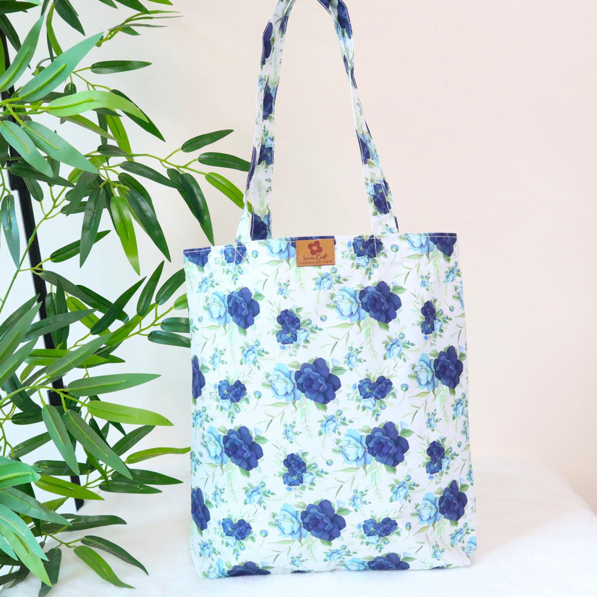 Picture of SamiaCrafts Premium Quality Women's Fabric Hand Bag With Zipper - Beautiful Blue Floral Seamless All Over Printed