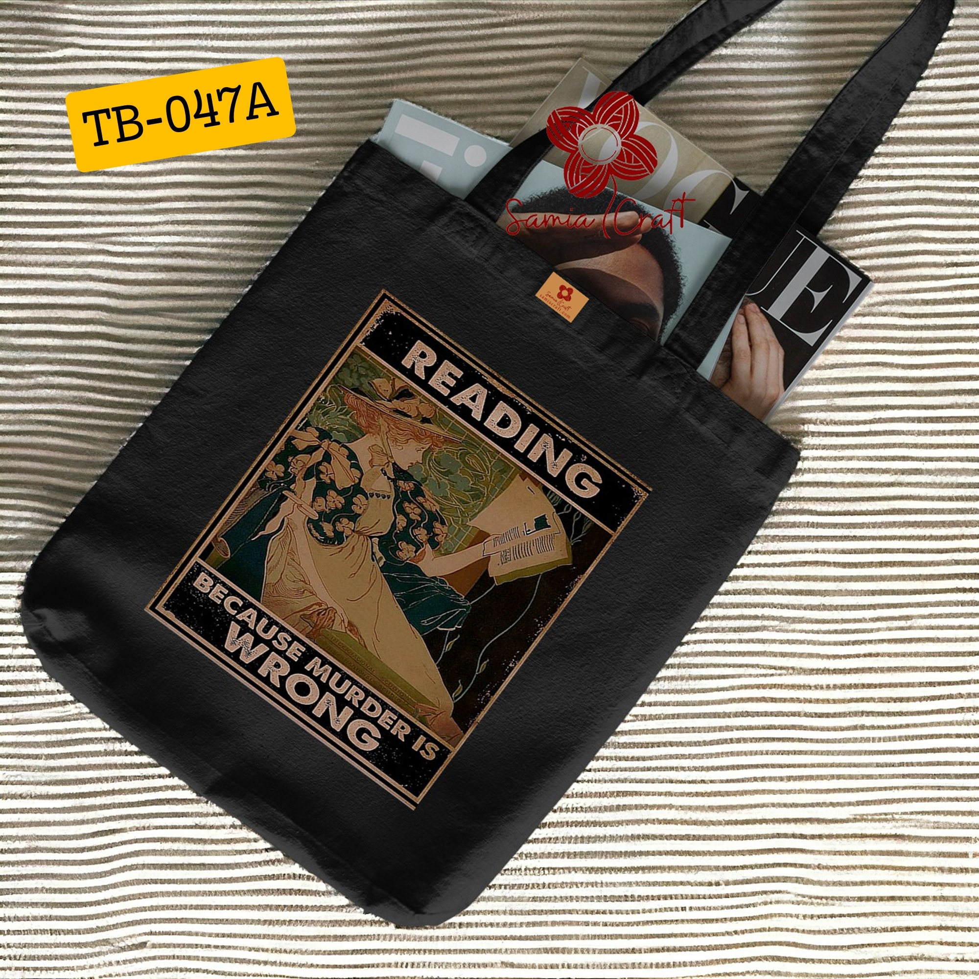 Picture of SamiaCrafts Reading Designed Cotton Canvas Tote Bag With Zipper for Women & Ladies of School College University Students Stylish Modern