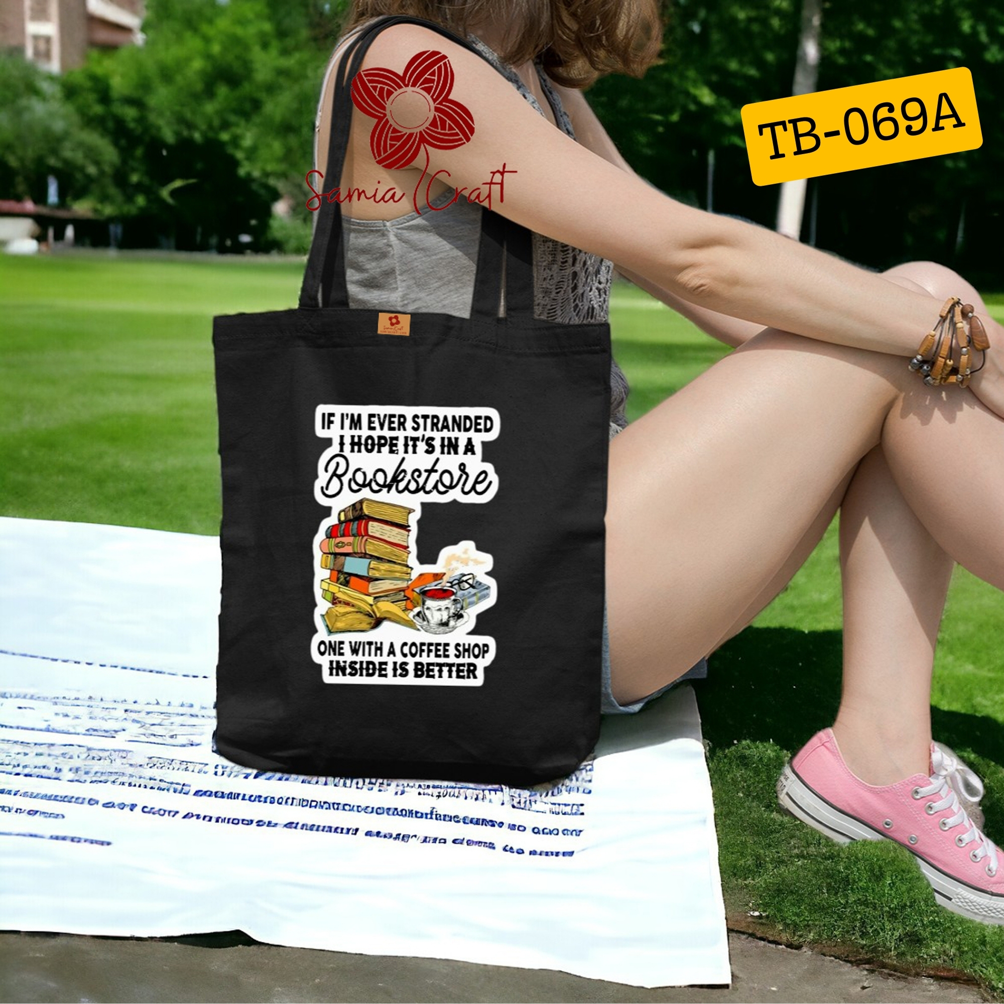 Picture of SamiaCrafts Book Lover Designed Cotton Canvas Tote Bag With Zipper For Women's Style and Modern - for School College University Students Everyday Daily Use