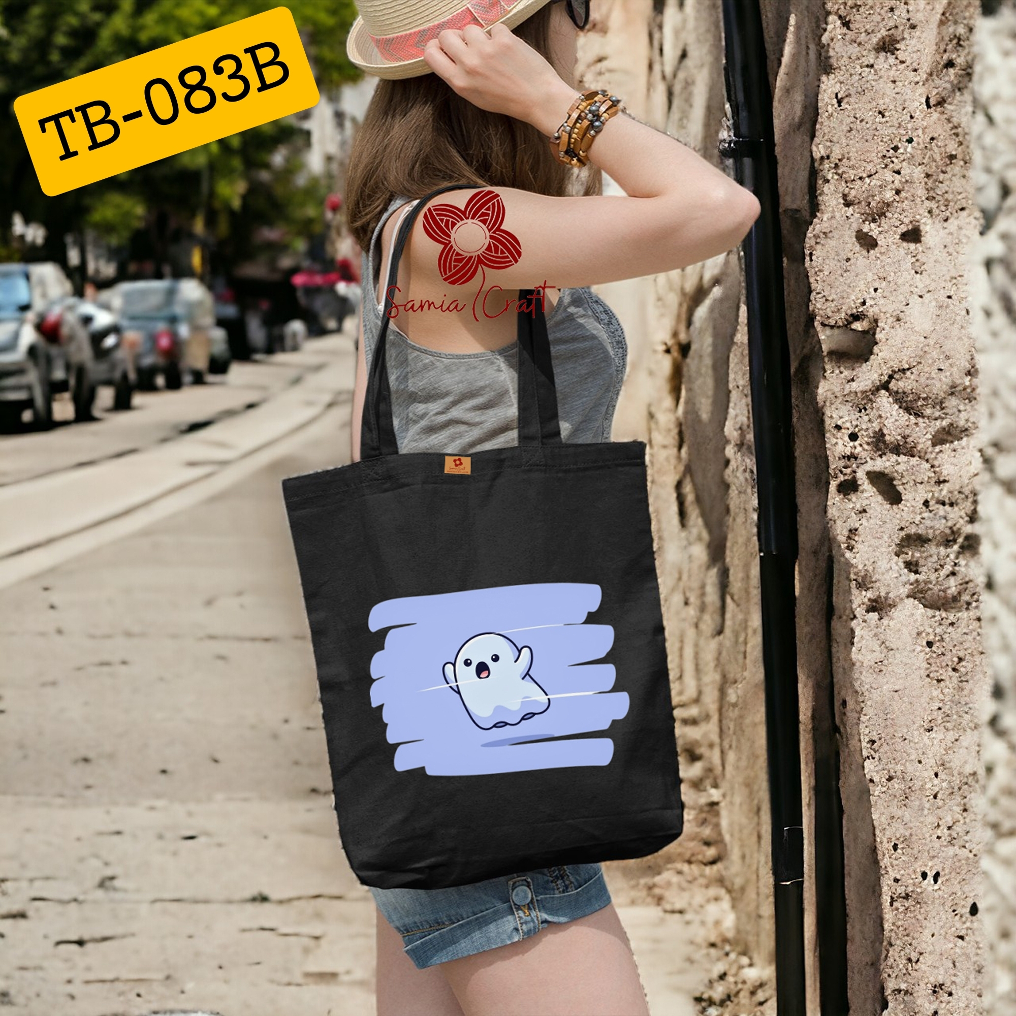 Picture of SamiaCrafts Cute Ghost Designed Cotton Canvas Tote Bag With Zipper for Women Girls Ladies Everyday Daily Use Fashionable Hand Shoulder Bag - School College University Students