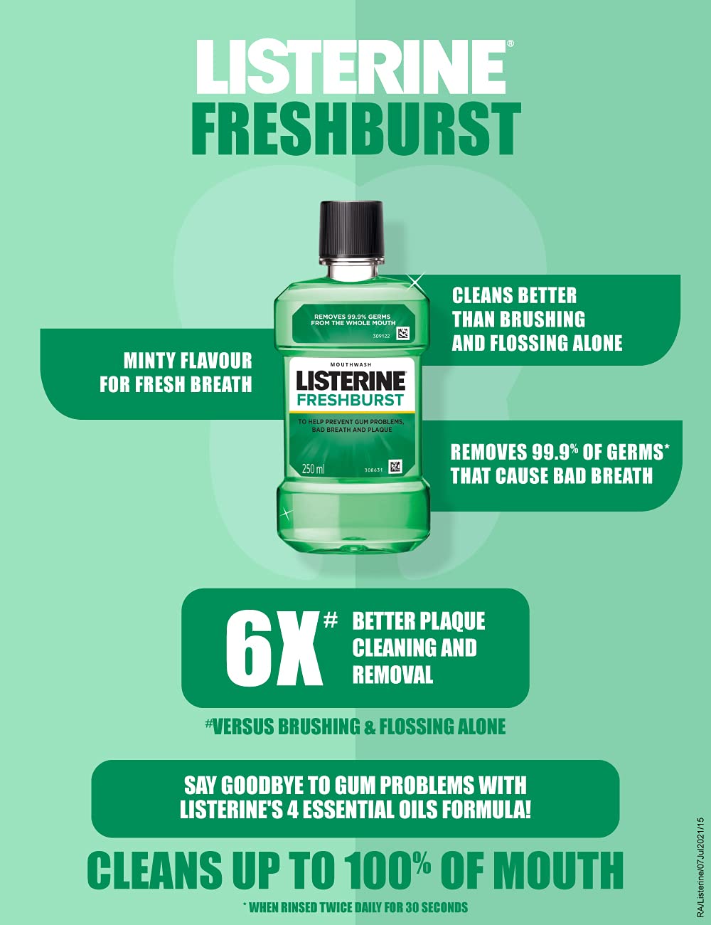 Picture of International European Product Listerine Fresh Burst Mouthwash Liquid, for fresh breath, Removes 99.9% Germs, 250ml