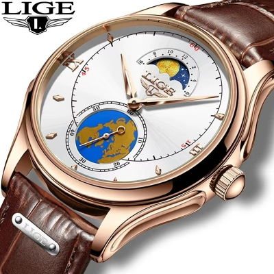 Picture of LIGE LG8952 Fashion Black Male Quartz Watch Men Genuine Leather Strap