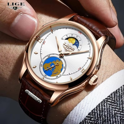 Picture of LIGE LG8952 Fashion Black Male Quartz Watch Men Genuine Leather Strap