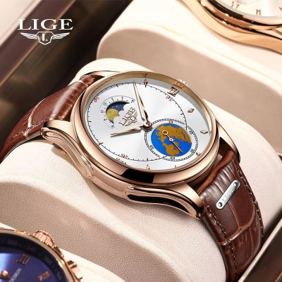 Picture of LIGE LG8952 Fashion Black Male Quartz Watch Men Genuine Leather Strap