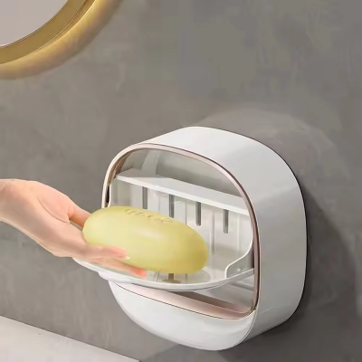 Picture of Soap Holder With Lid Drain Soap Box Punch-Free Flip-Top Soap Dish Creative Waterproof Storage Rack Bathroom Accessories