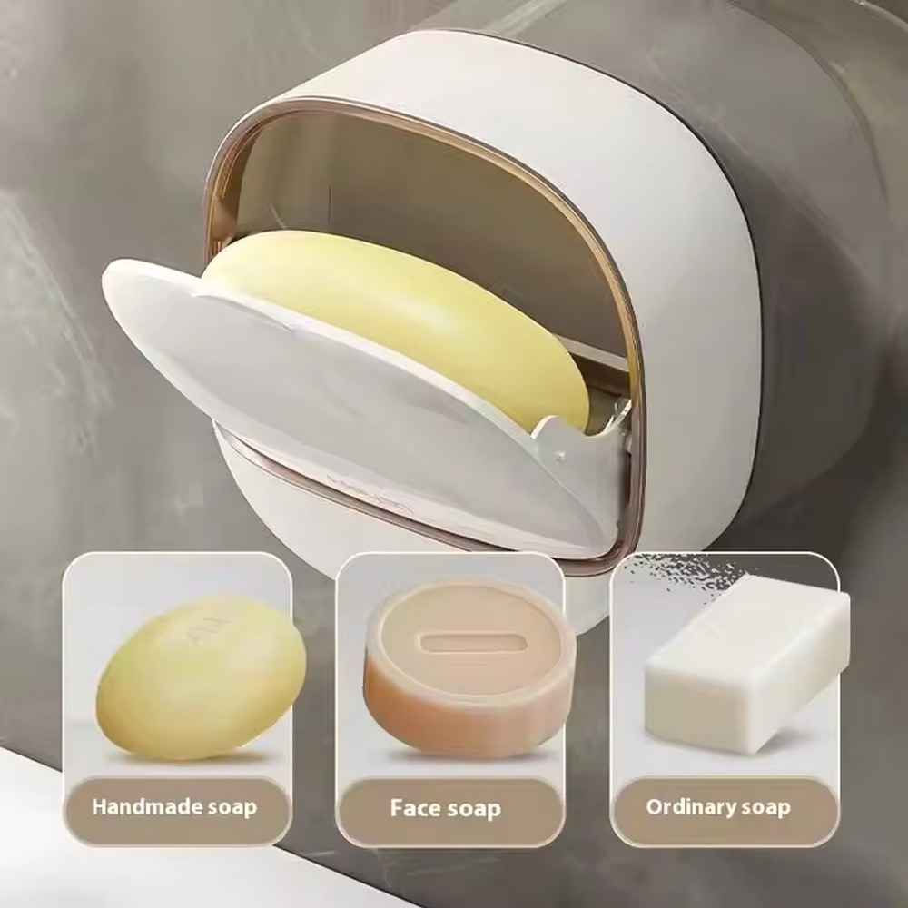 Picture of Soap Holder With Lid Drain Soap Box Punch-Free Flip-Top Soap Dish Creative Waterproof Storage Rack Bathroom Accessories