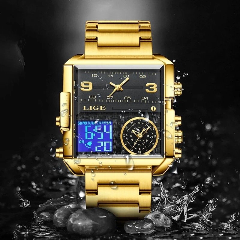 Picture of LIGE-8925 Golden Black Men's Luxury Dual Display Watch
