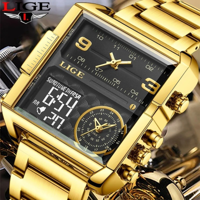Picture of LIGE-8925 Golden Black Men's Luxury Dual Display Watch