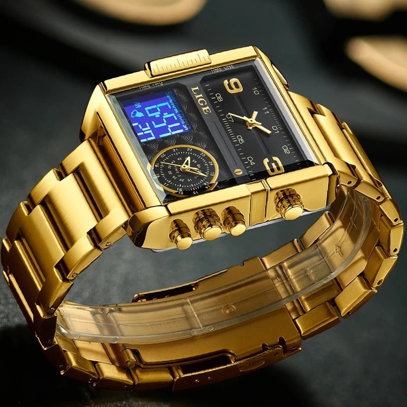 Picture of LIGE-8925 Golden Black Men's Luxury Dual Display Watch