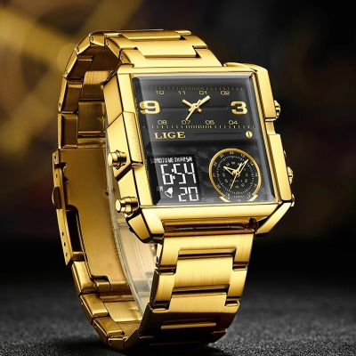 Picture of LIGE-8925 Golden Black Men's Luxury Dual Display Watch