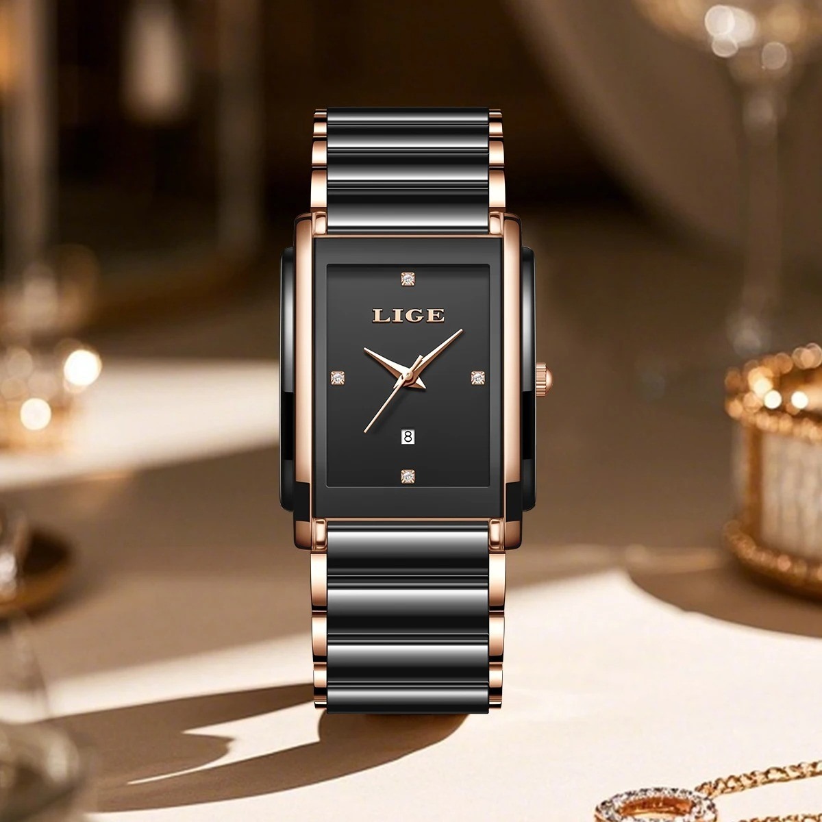 Picture of LIGE-89156 Black Watch Waterproof Fashion Creative Square Siramic Watch