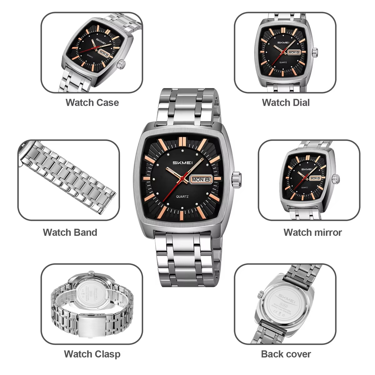 Picture of SKMEI 9354 Men Watches Square Dial Quartz Date Week Casual Stainless Steel Waterproof Watch