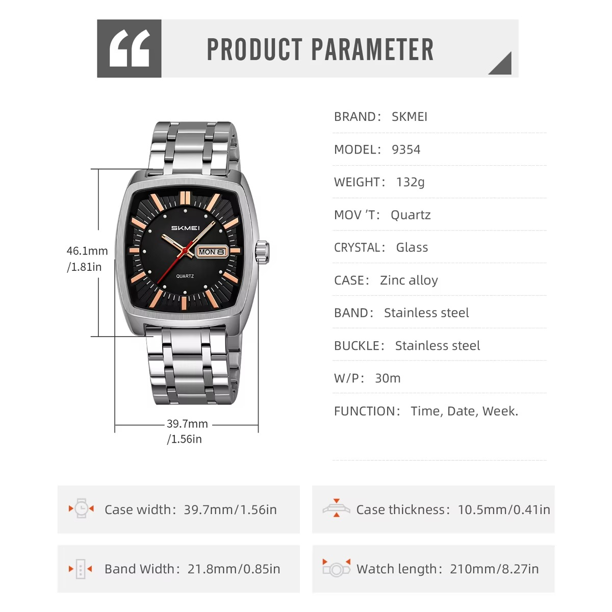 Picture of SKMEI 9354 Men Watches Square Dial Quartz Date Week Casual Stainless Steel Waterproof Watch