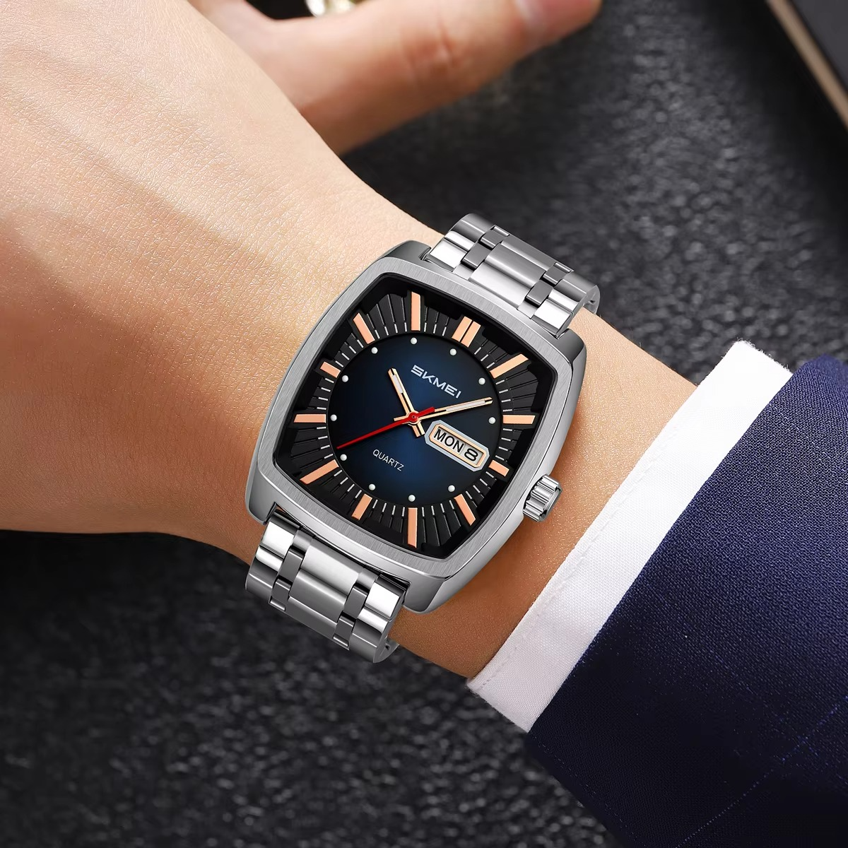 Picture of SKMEI 9354 Men Watches Square Dial Quartz Date Week Casual Stainless Steel Waterproof Watch