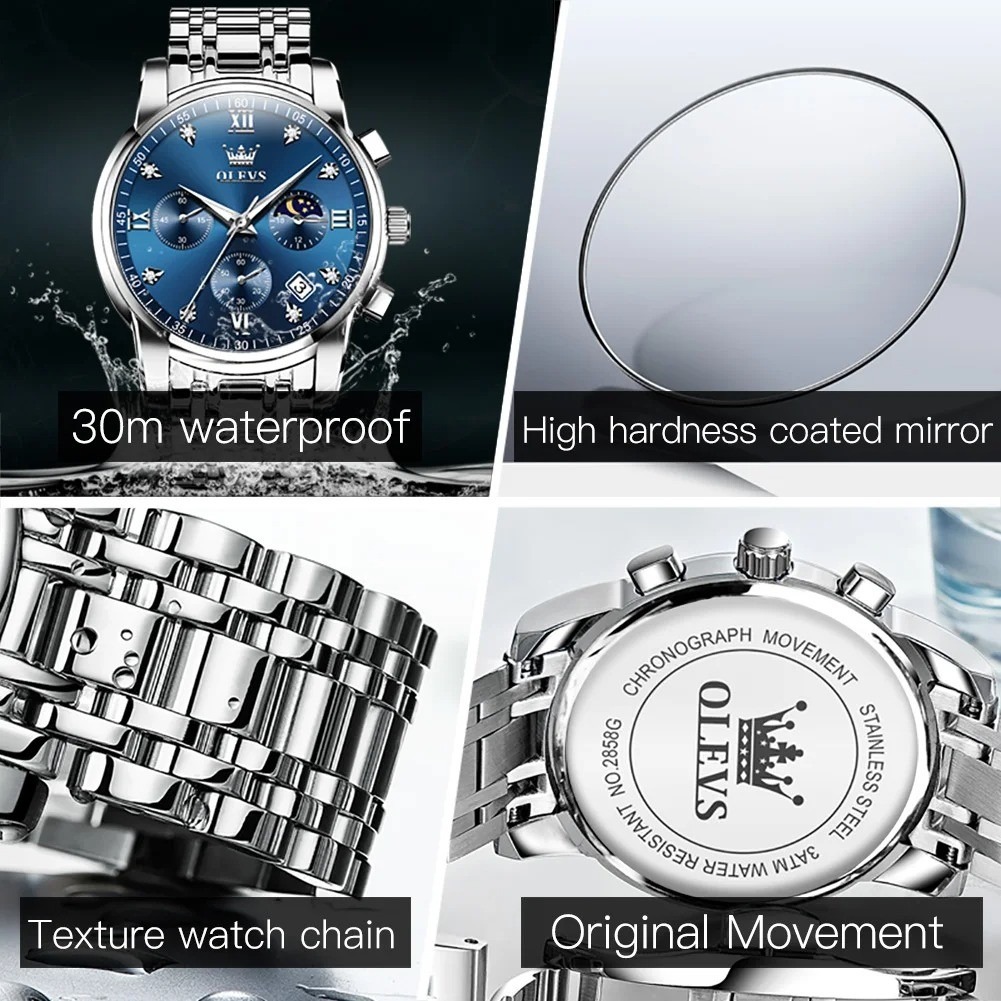 Picture of OLEVS 2858 Stainless Steel Strap Quartz Watches for Men Multifunctional Three Eye Dial Business Waterproof Men Wristwatch