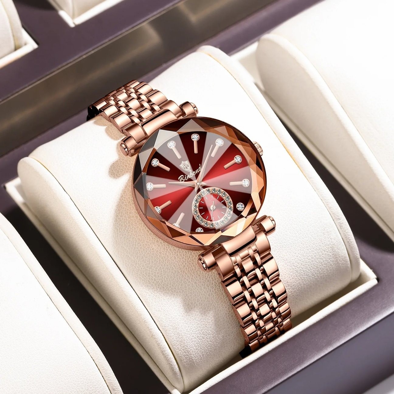 Picture of Red Rose Gold Stainless Steel Women Gift Clock Watches