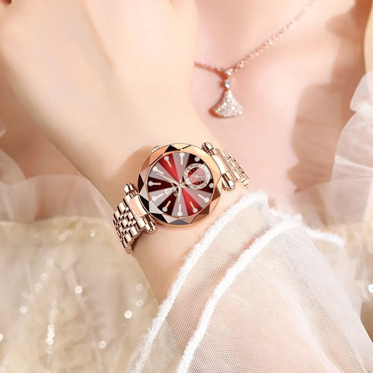Picture of Red Rose Gold Stainless Steel Women Gift Clock Watches