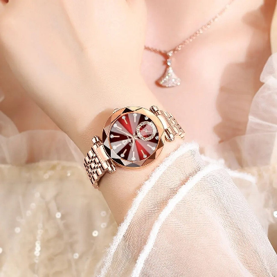 Picture of Red Rose Gold Stainless Steel Women Gift Clock Watches