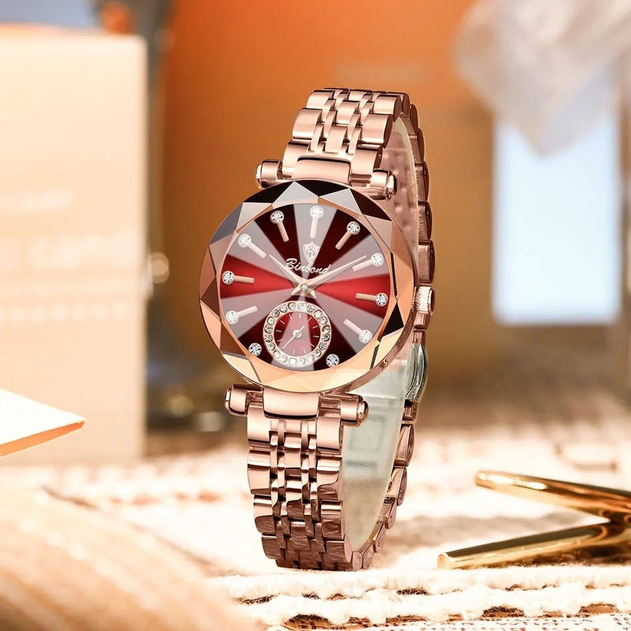Picture of Red Rose Gold Stainless Steel Women Gift Clock Watches