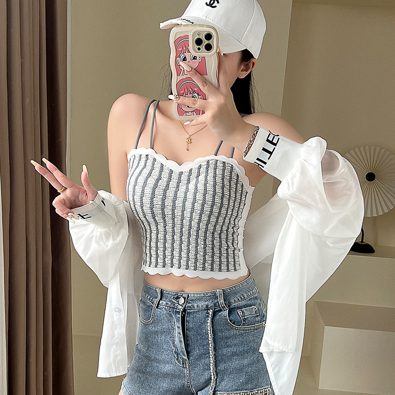 Picture of High quality Summer New Design Lace Print Women stripe Camisole Bandage Streetwear Removable Cup crop top women