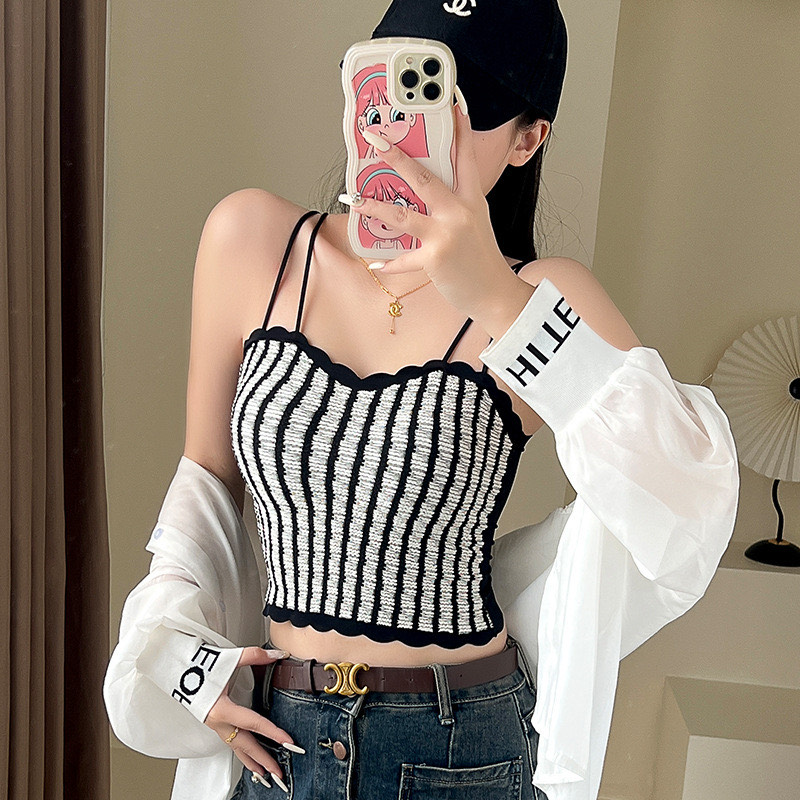 Picture of High quality Summer New Design Lace Print Women stripe Camisole Bandage Streetwear Removable Cup crop top women