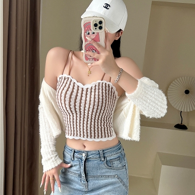 Picture of High quality Summer New Design Lace Print Women stripe Camisole Bandage Streetwear Removable Cup crop top women