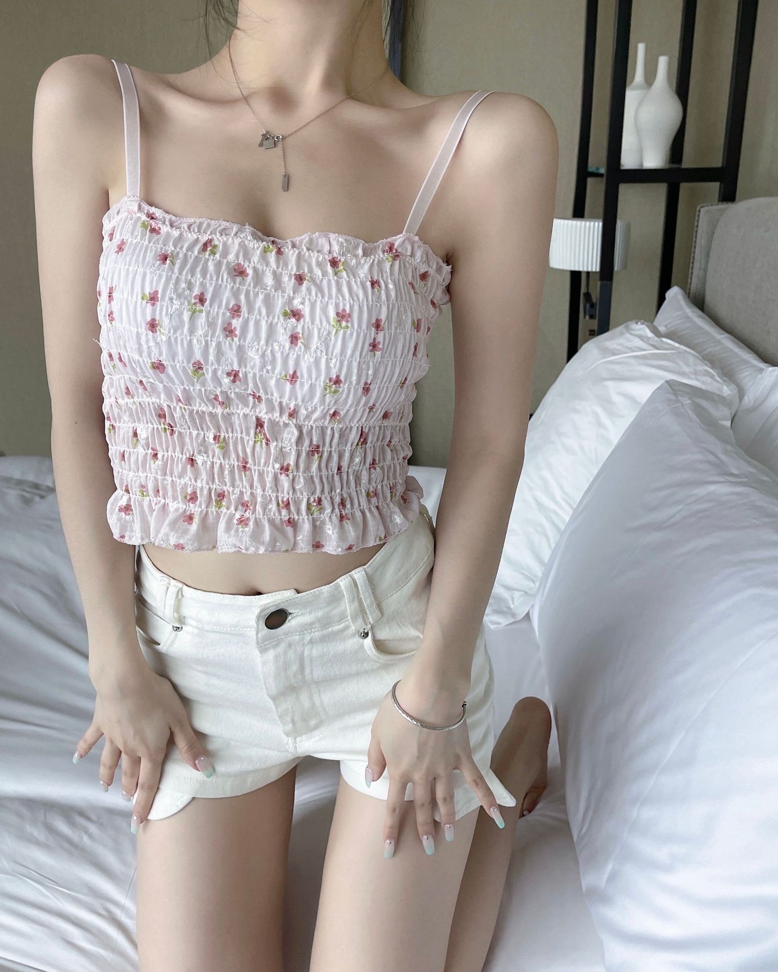 Picture of High quality Summer New Design Lace Print Women stripe Camisole Bandage Streetwear Removable Cup crop top women