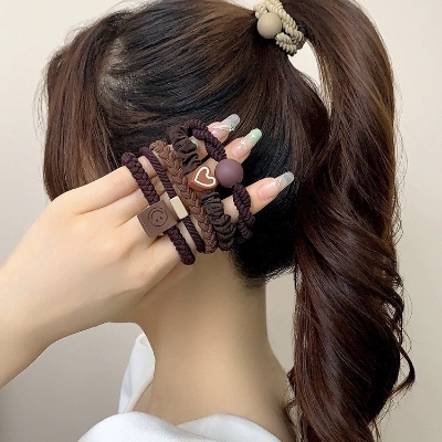 Picture of 10pcs Fashion Brown Hair Ties Girl Simple Sweet High Elastic Hair band For Women Hair Accessories Set