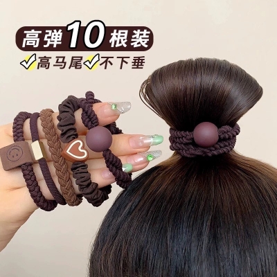 Picture of 10pcs Fashion Brown Hair Ties Girl Simple Sweet High Elastic Hair band For Women Hair Accessories Set