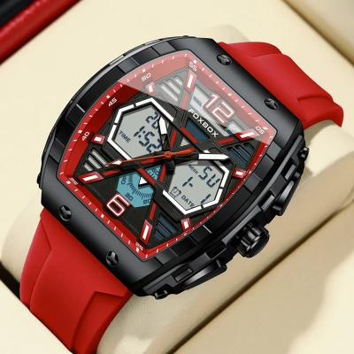 Picture of FOXBOX Red Slicon Luxury Mens Quartz Watch Sport Waterproof Digital Luminous Watch