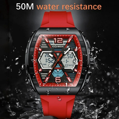 Picture of FOXBOX Red Slicon Luxury Mens Quartz Watch Sport Waterproof Digital Luminous Watch