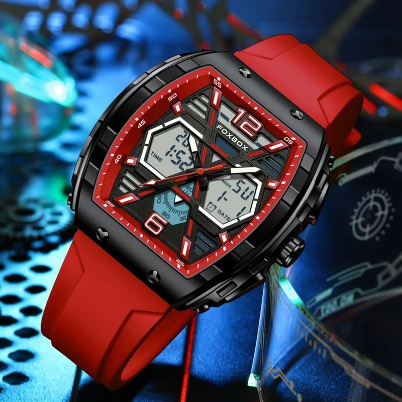 Picture of FOXBOX Red Slicon Luxury Mens Quartz Watch Sport Waterproof Digital Luminous Watch