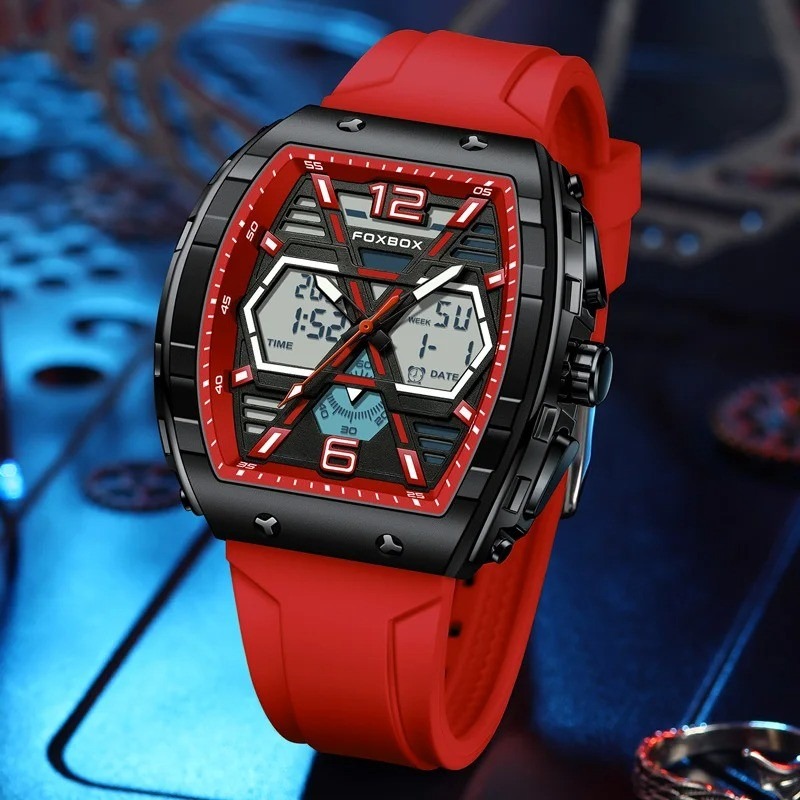 Picture of FOXBOX Red Slicon Luxury Mens Quartz Watch Sport Waterproof Digital Luminous Watch