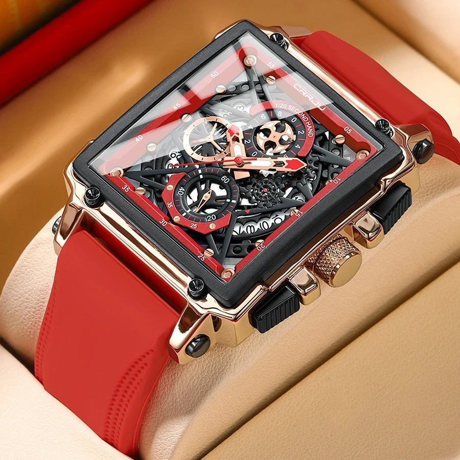 Picture of CRRJU 2312 Red Luxury Sports Quartz Wristwatches for Men Colorful Multi Functional Square Type Watch