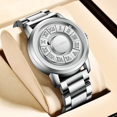 Picture of FOXBOX-Silver Men's Quartz Watches with Leather Strap, Top Band, Scroll Beads, Magnetic Force, Waterproof, Fashion Men's Watch