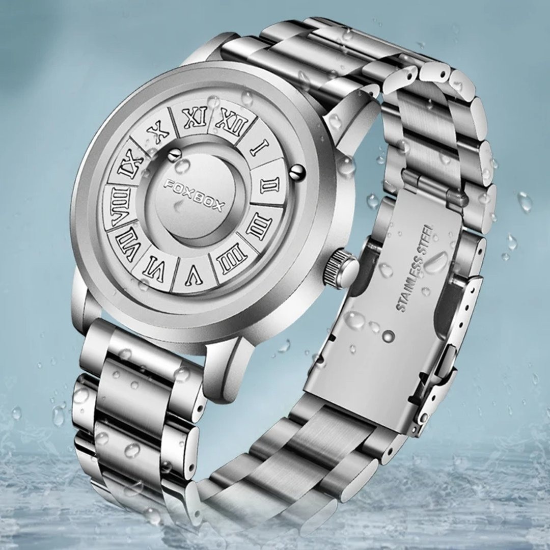 Picture of FOXBOX-Silver Men's Quartz Watches with Leather Strap, Top Band, Scroll Beads, Magnetic Force, Waterproof, Fashion Men's Watch